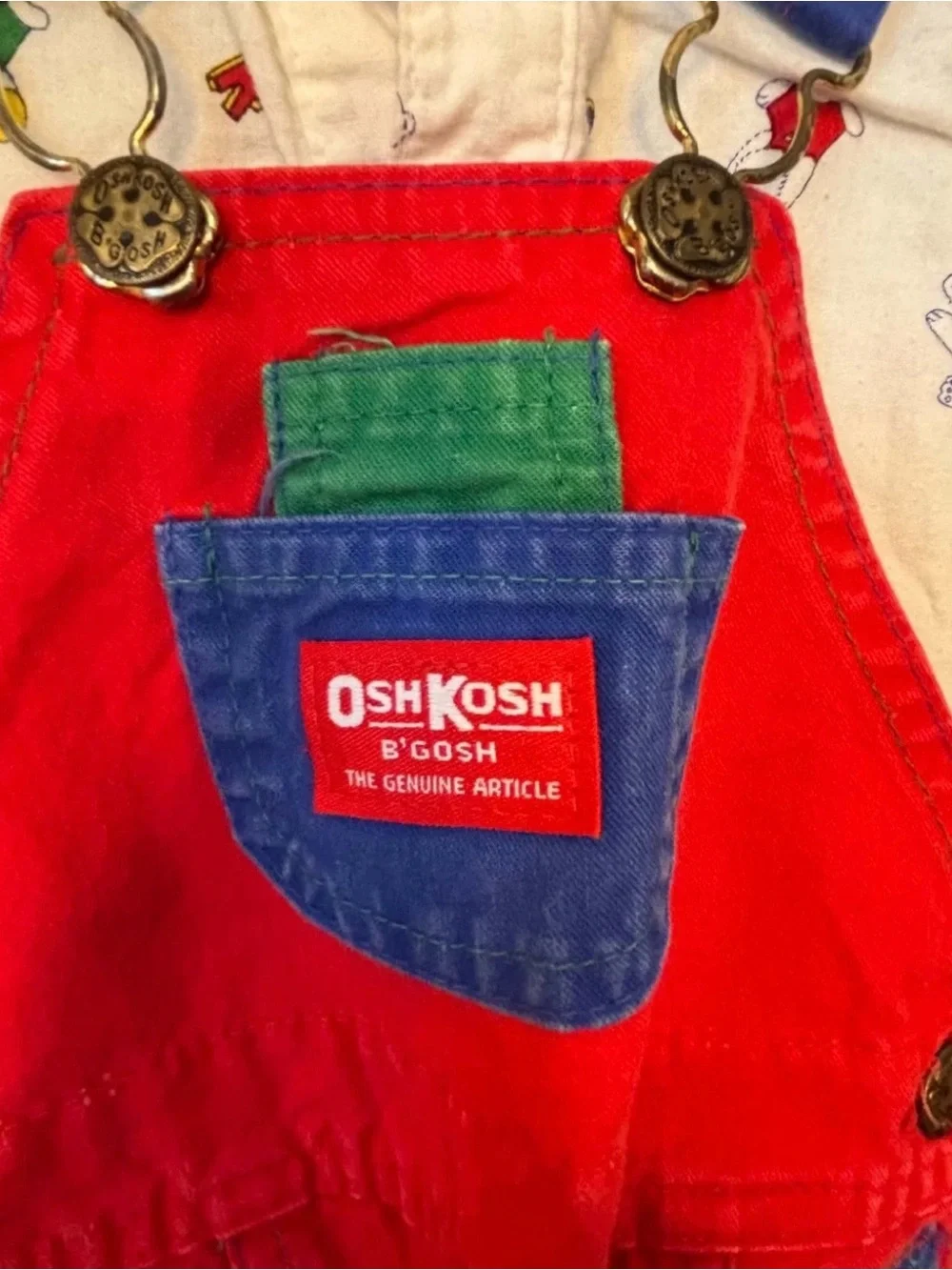 Vintage OshKosh B'gosh Bright Red Overalls with Green & Blue Accents and shirt